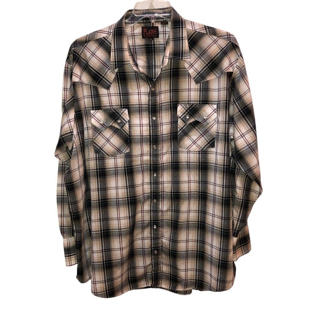 Plains Western Wear Mens 2X Black Tan Plaid Big Man Long Sleeve Pearl Snap Shirt